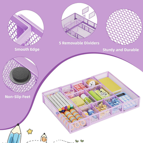 Marbrasse Expandable Desk Drawer Organizer, Mesh Tray with 10 Adjustable Compartments for Office Supplies, Makeup &