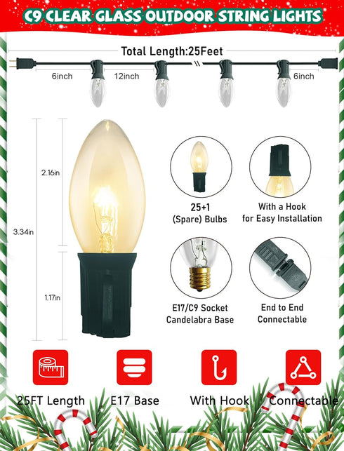 Xingzd 25Ft C9 26 C9 Bulbs, Clear Christmas Lights Outdoor, Vintage String Lights with Warm White Hanging Incandescent