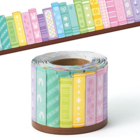 BeYumi Spring Bookshelf Border Trim - 65ft Springtime Pastel Color Books Rolled