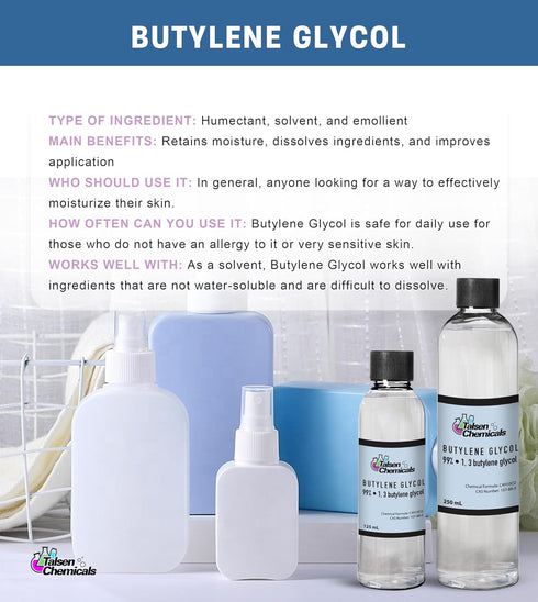 Butylene Glycol by Talsen Chemicals (125 mL / 4.22 Oz) - Emollient Prevents Water Loss from Skin's Surface