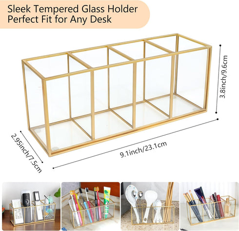 Pencil Holder for Desk, Tempered Glass Pen Holder, 3&4 Compartments Desktop Storage Organizer for Office Supplies