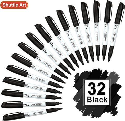 Shuttle Art Dry Erase Markers, 32 Pack Black Whiteboard Markers,Fine Tip Dry Erase Markers for Kids,Perfect for Writing on Whiteboards, Dry-Erase Boards,Mirror,Calender,School Office Supplies by Shuttle Art