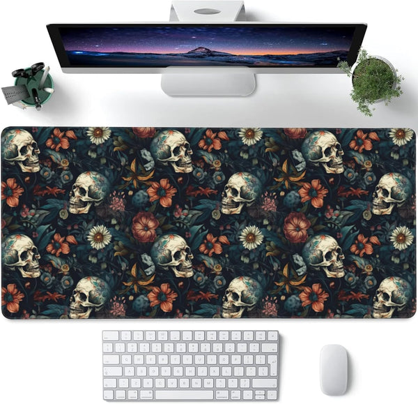 Desk Mat, Skulls with Flowers Large Gaming Mouse Pad XXL, Skull Floral Extended Computer Keyboard Mouse Pad