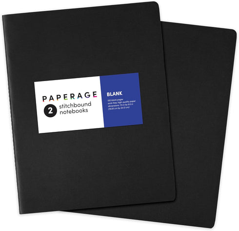 PAPERAGE Soft Cover Blank Journal Notebook, 2 Pack, Black, 100 Pages, 7.5 inches x 9.5 inches for Sketching