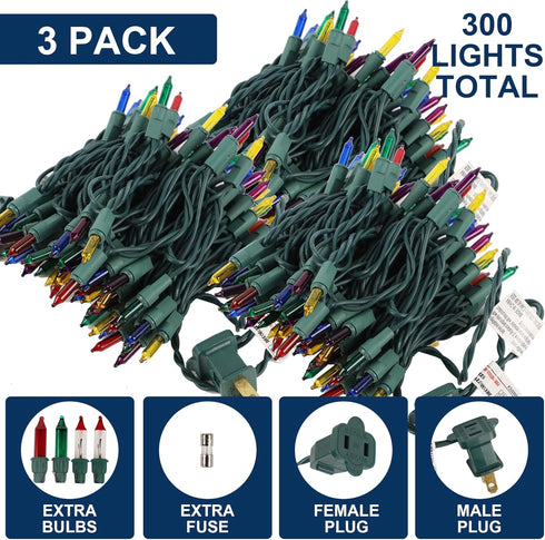 Watereem 3 Pack 100 Count Multicolor Christmas String Lights, Each, Incandescent Mini Christmas Lights, Connectable