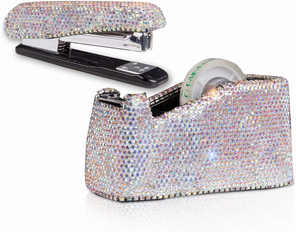 Bling Crystal Luxury Handmade Diamond Stapler & Desktop Tape Dispenser, Office Stationery Kit for Women