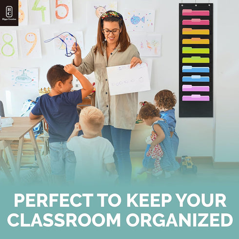 Black Pocket Chart for Classroom - 10 Pocket Storage Rainbow Charts, 2 Over Door Hangers Included