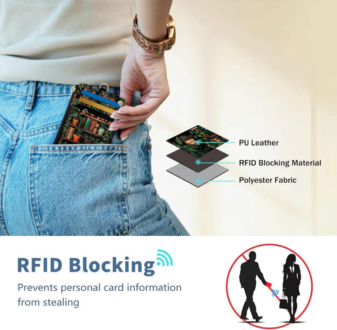 Lanyard Wallet with Id Badge Holder, Bookshelf RFID Small Keychain Wallet Women Wristlet, Cute Zipper Credit Card