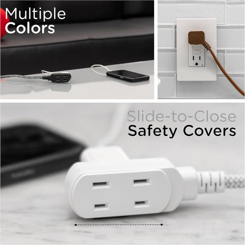 Cordinate 8 Ft Extension Cord - 3-Outlet Flat Plug Braided Safety Slide 125V Long Extension Cord, White