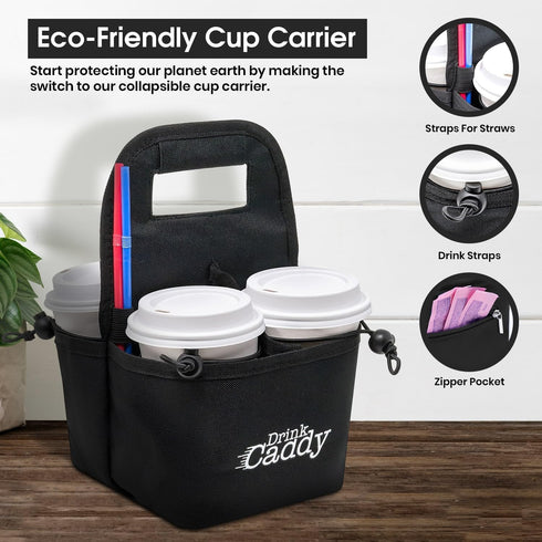 Drink Caddy Portable Drink Carrier and Reusable Coffee Cup Holder - 4 Cup Collapsible Tote Bag with Organizer Pockets