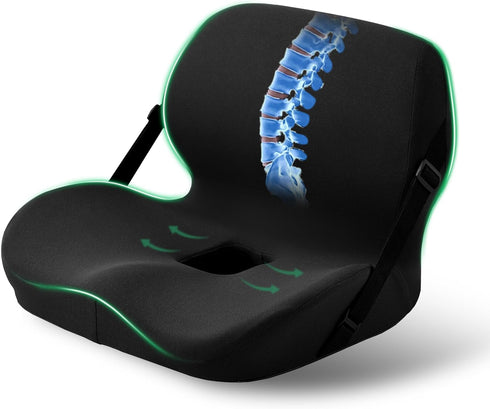 FuturaLoom Memory Foam L-Shaped Seat Cushion with Lumbar Support & Adjustable Strap -
