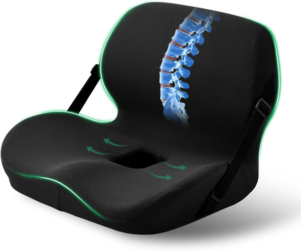 FuturaLoom Memory Foam L-Shaped Seat Cushion with Lumbar Support & Adjustable Strap -
