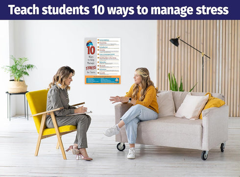 ZOCO — 10 Ways to Manage Stress for Teens Poster — Mental Health Awareness Items — School Counselor Must Haves — Therapy Office Decor — Laminated, 17 x 22 inches