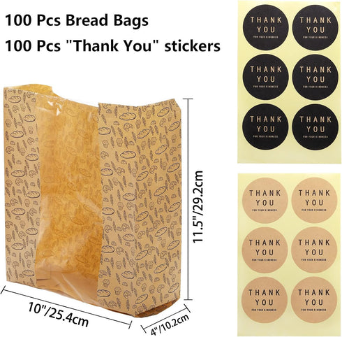 100 Pack 10.8"x10"x4" 100 Packaging Hacaroa Paper Bread Bags with Clear Window, Kraft Bakery Bag with Stickers, Brown