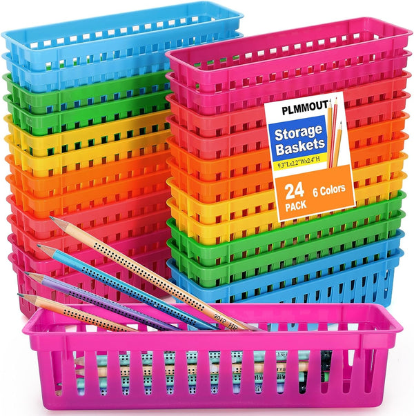 PLMMOUT 24 Pack Pencil Basket Tray,Plastic Classroom Organizer Basket,Colorful Crayon Baskets,Small Pencil Holder