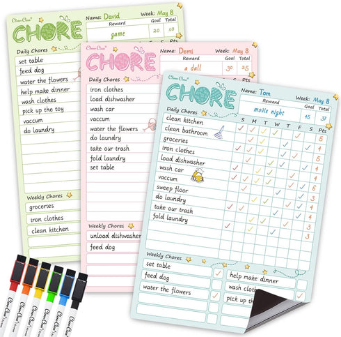 CLEVER CLEAN Magnetic Dry Erase Chore Chart, 8.5"x12" Behavior Responsibility Board for Kids, 6 Extra Fine Point