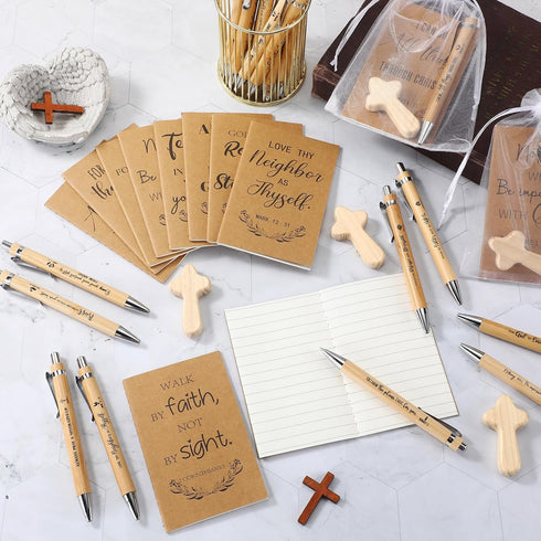 Spakon 120 Pcs/30 Set Christian Gifts | Bible Verse Notebooks, Bamboo Pens, Wooden Crosses for Church Favors
