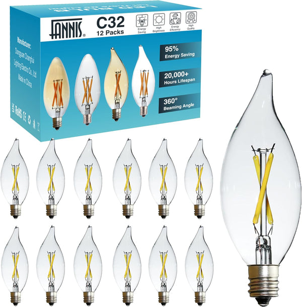 B10-C32 E12 LED Candelabra Bulb 2W 5000K Daylight, 12pcs Non-Dimmable Flicker-Free Clear