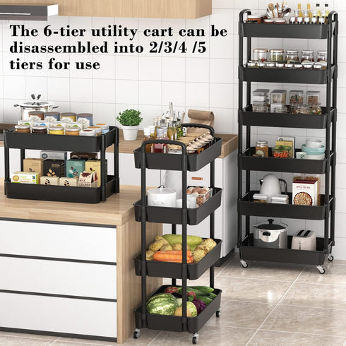 Sywhitta 6-Tier Plastic Rolling Utility Cart with Handle, Multi-Functional Storage Trolley for Office, Living Room,