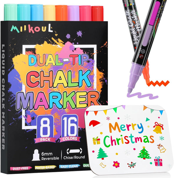 miikoul 6MM Window Chalk Markers with Whiteboard, 16 Colors 8 Pack Dual