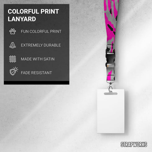Print Lanyard - Satin Keychain Necklace with Side Release Buckle | ID Badge Holder - 1 Inch, Pink Grey Camo
