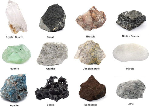 12 1" EISCO Rock & Mineral Kit, Pieces - Includes Metamorphic, Igneous, Sedimentary Rocks & Minerals - Specimens