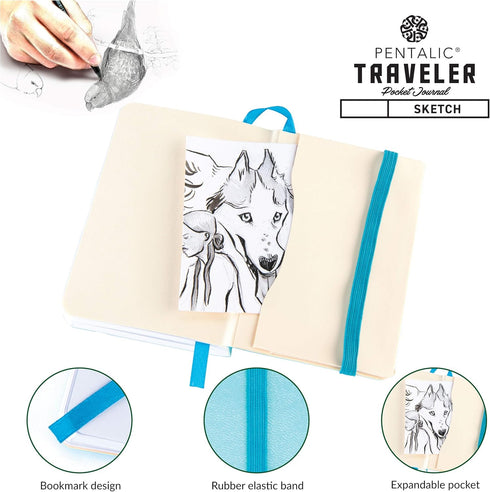 Pentalic 3" x 4" Pocket Sketchbook Traveler Journal - 160 Pages, Turquoise