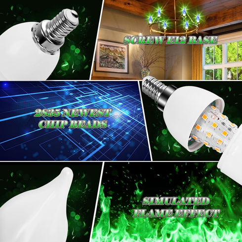 Kakolvan E12 Bulbs 3 Bulbs 6 Pack) LED Flickering Candelabra Flame Effect Light - Modes Flicker Chandelier Candle Fire