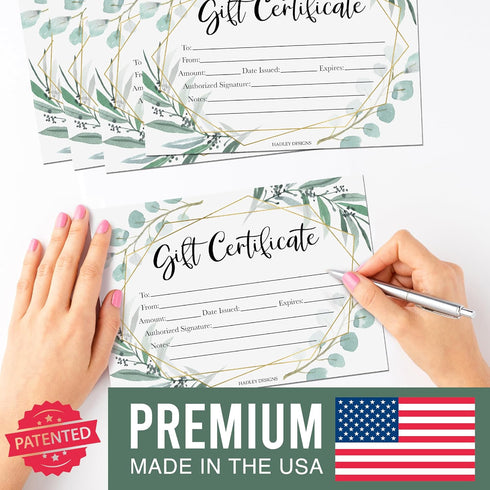 Hadley Designs 25 Eucalyptus Gold Blank Certificates, Paper Voucher for Hair & Nail Salon, Small Business Coupons