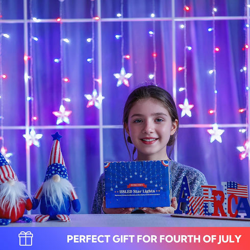 4th String,11.5ft 118LED 8 of July Patriotic Star Icicle Lights,red White and Blue Curtain Waterproof Modes with Timer