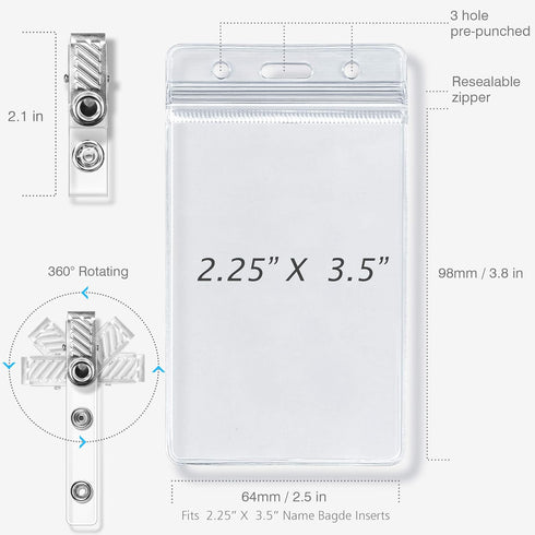 Waterproof Sealable Clear Plastic Vertical ID Badge Holder with Metal Clips for Work ID, Key Card, Driver’s License
