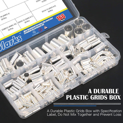 Glarks 166Pcs Wire Ferrules Kit, 8 Sizes AWG 12 10 8 6 4 2 1 2/0, Silver Plated Copper Crimp Connectors
