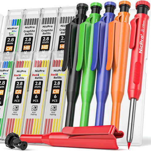 Nicpro 5 Pack Carpenter Pencil with Sharpener & Holders, Mechanical Carpenter Pencils
