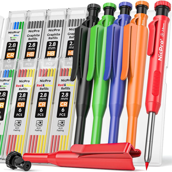 Nicpro 5 Pack Carpenter Pencil with Sharpener & Holders, Mechanical Carpenter Pencils