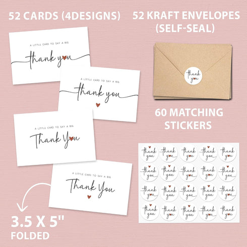 52 (4 3x5 UnimaxPrint Thank You Cards with Envelopes & Stickers Designs), Minimalist Thank You Notes for Teacher