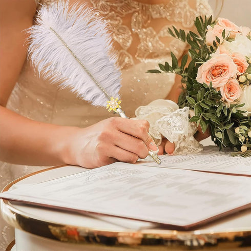 CROWN GUIDE Crystal Ostrich Feather Pen Quills for Wedding Guest Book Signing, 1920s Gatsby Reception Décor, White