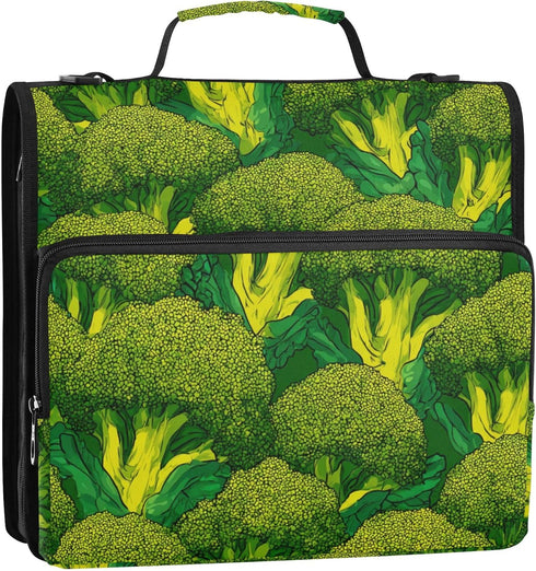 Fisyme 3 Broccoli Pattern Zipper Binder Ring with Zipper and Shoulder Strap Large Capacity Multi-Pocket Binder