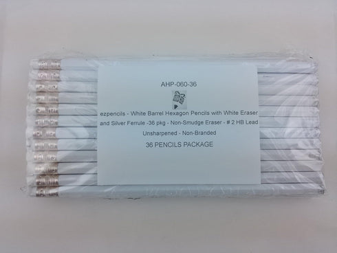ezpencils White Barrel Pencils, 36 pkg, Non-Smudge Eraser, #2 HB Lead, Unsharpened