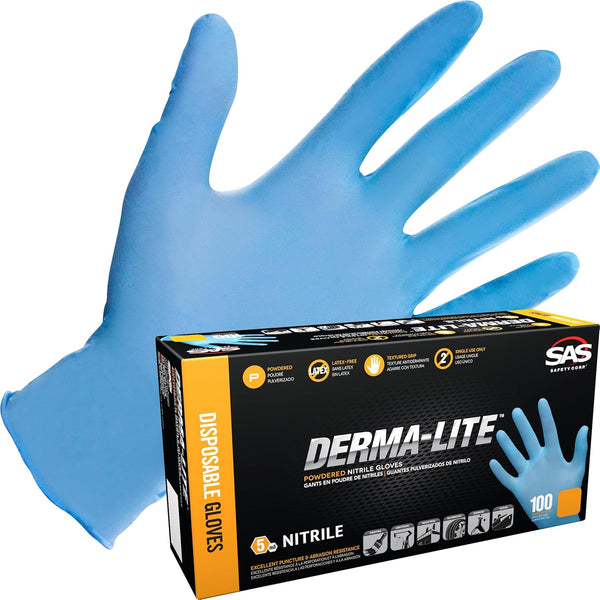 Derma-Lite Lightly Powdered Disposable Nitrile Gloves, Extra Large, 100 Gloves by SAS Safety