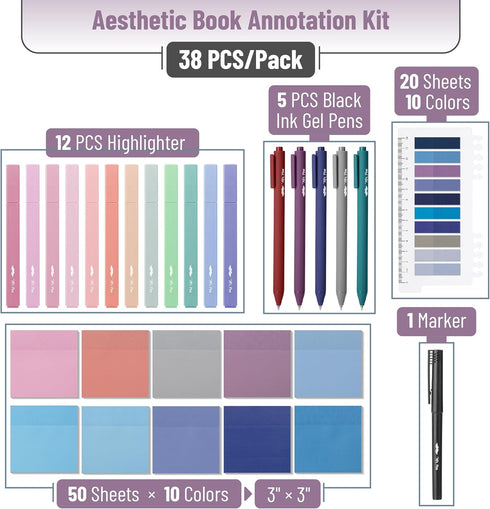 Mr. Pen Aesthetic Book Annotation Kit, 38 pcs, Highlighters, Gel Pens, Transparent Sticky Notes, Annotation Sticky Tabs