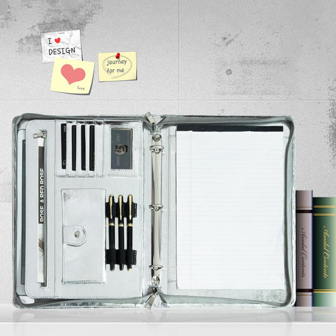 Glossy Silver Eco-Friendly Leather A4 Portfolio, Zipper, 5 Card Slots, 1 iPad and 1 Cell Phone Pockets, 3 Ring Binder