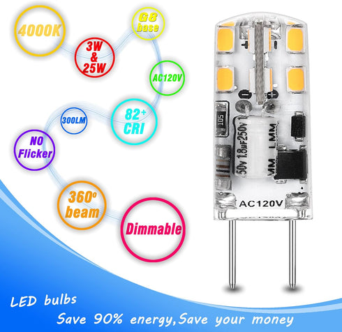 0-100% Dimmable G8 LED Bulbs 3W 4000K Natural White Replace G8 20 Watt 25 Watt Halogen, 6 Pack
