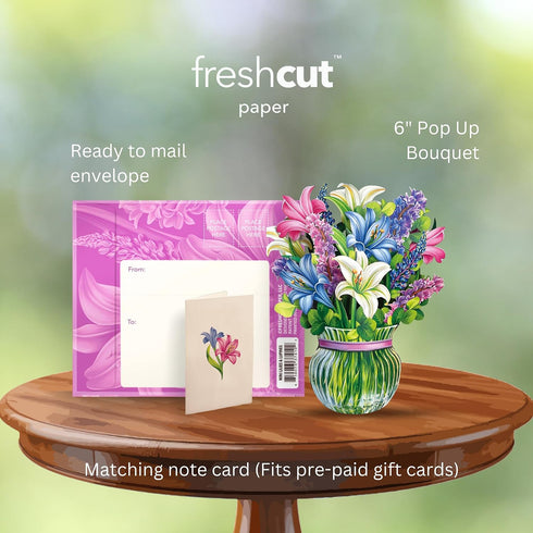 6 Inch 3D Freshcut Paper Pop Up Cards, Mini Lilies & Lupines, Mini Sized Forever Flower Bouquet Popup Greeting Cards