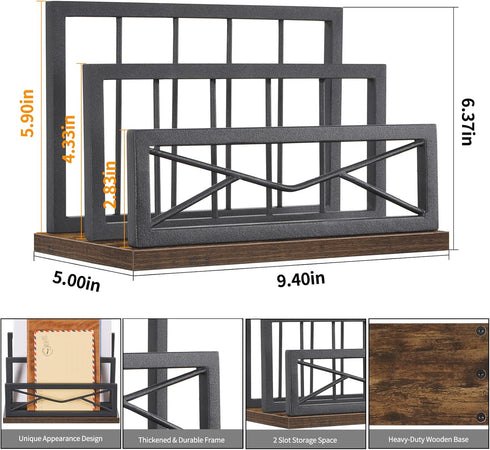 Snughome Desktop Mail Organizer, 2-Slot Matte Black Metal Sorter, File Holder for Home or Office Desktop