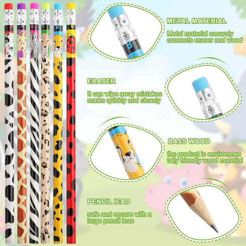 Zhehao 36 Pcs Jungle Theme Pencils Back to School Animal Print Pencils with Eraser Wood Safari Pencils Bulk Jungle Animal Birthday Party Favor Supplies for Kids Present by Zhehao