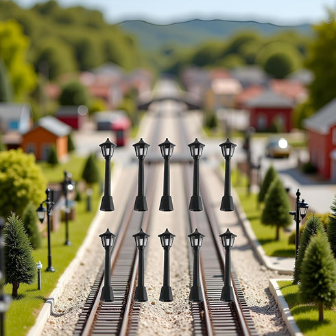 Tustao 10Pcs Black Mini Miniature Street Light Model, Railway Train Post Lamps Light Poles for Outside,Pole Black Lamp