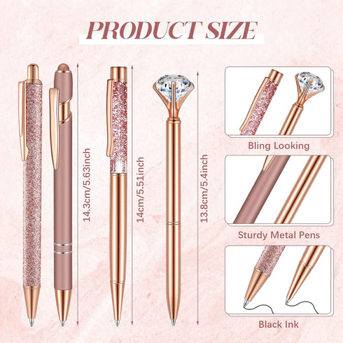 Sabary 8 Pcs Ballpoint Pens with Pen Holder for Desk, Metal Crystal Diamond Pen Glitter Pencil Holder, Fancy Pens Black