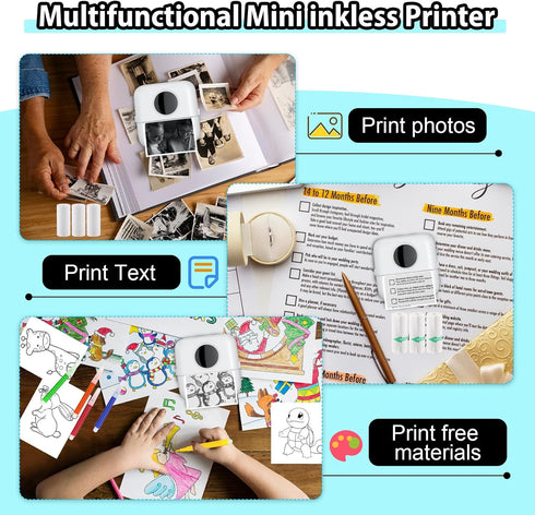 HuiJuKeJi Mini Sticker Printer, Bluetooth Smart Pocket Inkless Thermal Printer with 11 Rolls Thermal Paper for iOS &