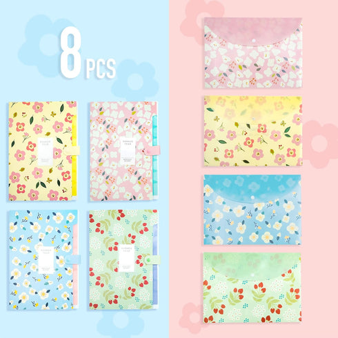 Flower Design Expanding File Folders, 8 Pocket, 4 Pack, A4 Letter Size, Durable Poly Material, 12.8 x 9.3 Inches
