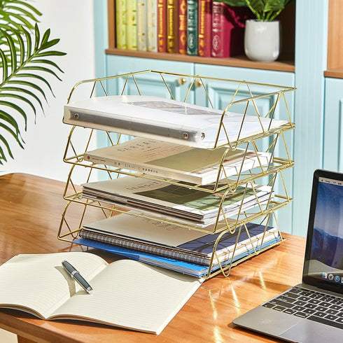 Yeaqee 4 Tier Stackable Paper Tray, Gold Desk Organizer Rack, Metal Letter File Organizer, Horizontal Holder for Office